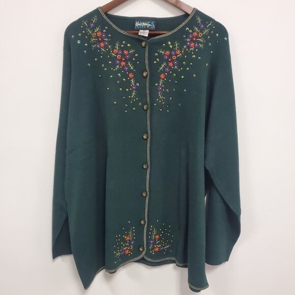 Knits Carol Patterson Womens Floral Embroidered Cardigan Size 3X Holiday Artsy - Picture 1 of 10